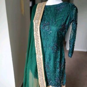 Bottle Green top with Golden Sharara